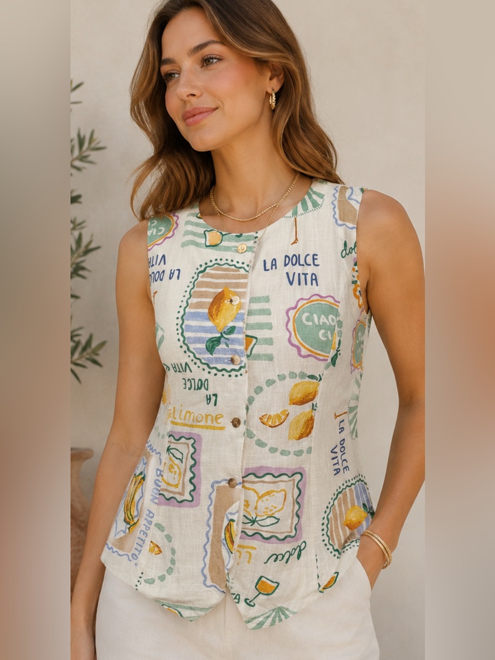 Paper Heart Womens Linen Blend Vest Shirt In Fruit Print Dolce Vita Large